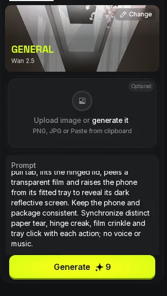 Higgsfield video setup showing the text prompt