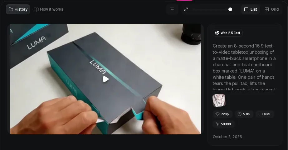 Higgsfield's selected video duration and aspect in the completed card