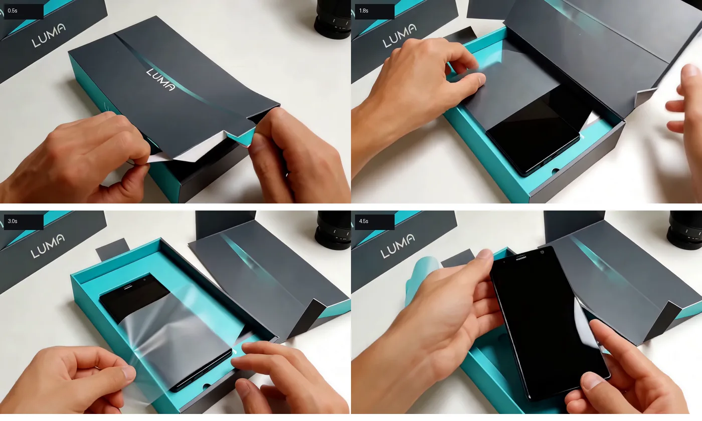 Four sampled frames from the Higgsfield LUMA clip