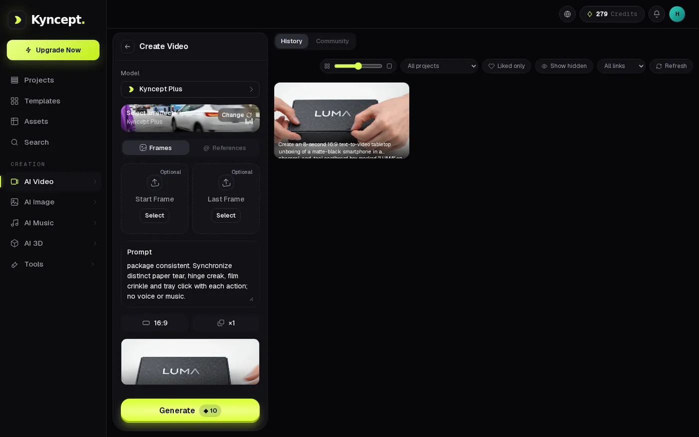 Kyncept's first completed video in the UI